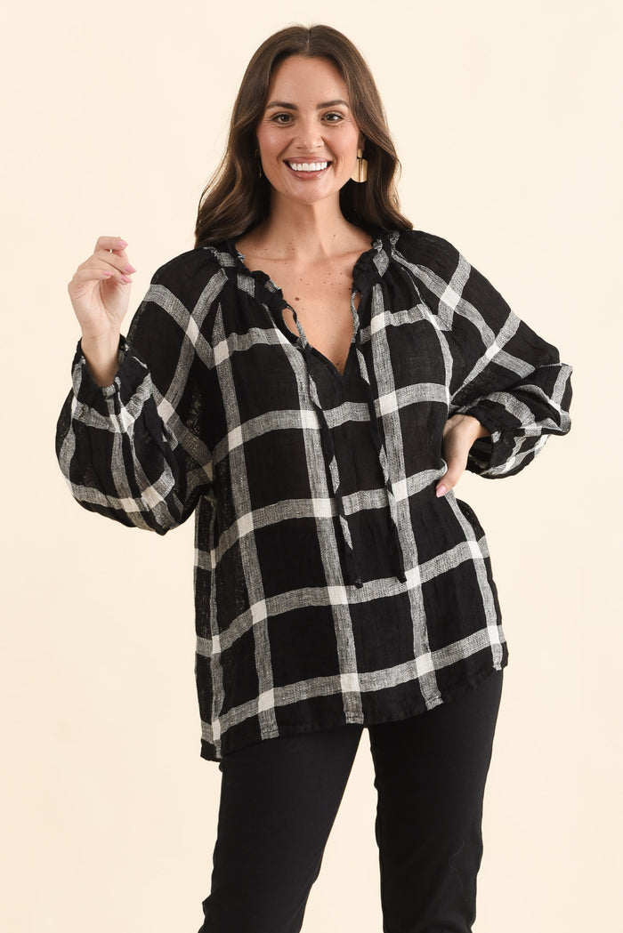 Sussana Black Check Linen Tie Top,Front,Brunette model,alt text|model:MJ