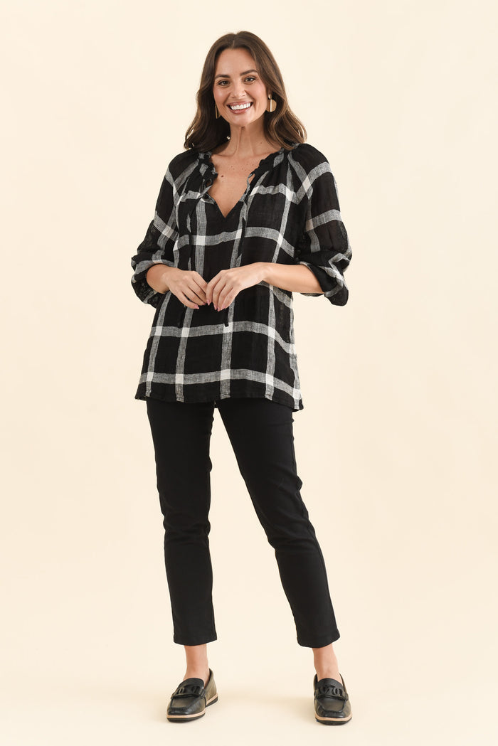 Sussana Black Check Linen Tie Top,Full Body,Brunette model,alt text|model:MJ