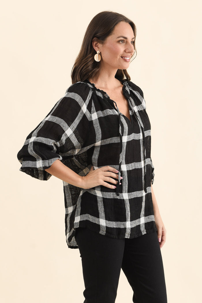 Sussana Black Check Linen Tie Top,Side,Brunette model,alt text|model:MJ