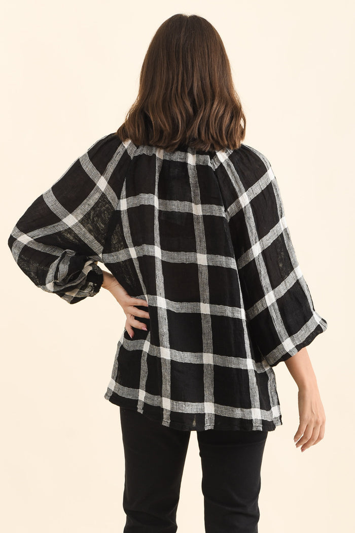 Sussana Black Check Linen Tie Top,Back,Brunette model,alt text|model:MJ