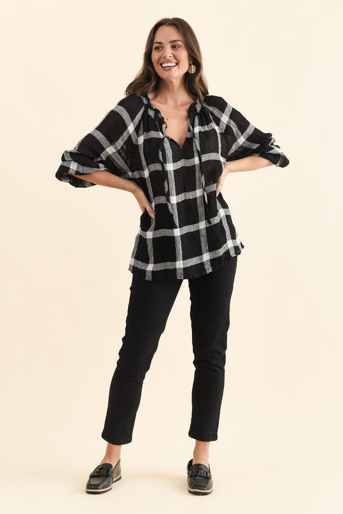 Sussana Black Check Linen Tie Top,Full Body,Brunette model,alt text|model:MJ