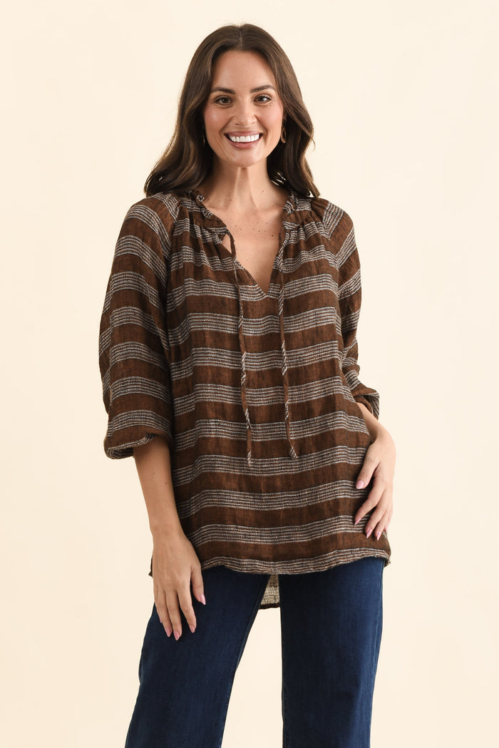 Sussana Bronze Stripe Linen Tie Top,Front,Brunette model,alt text|model:MJ