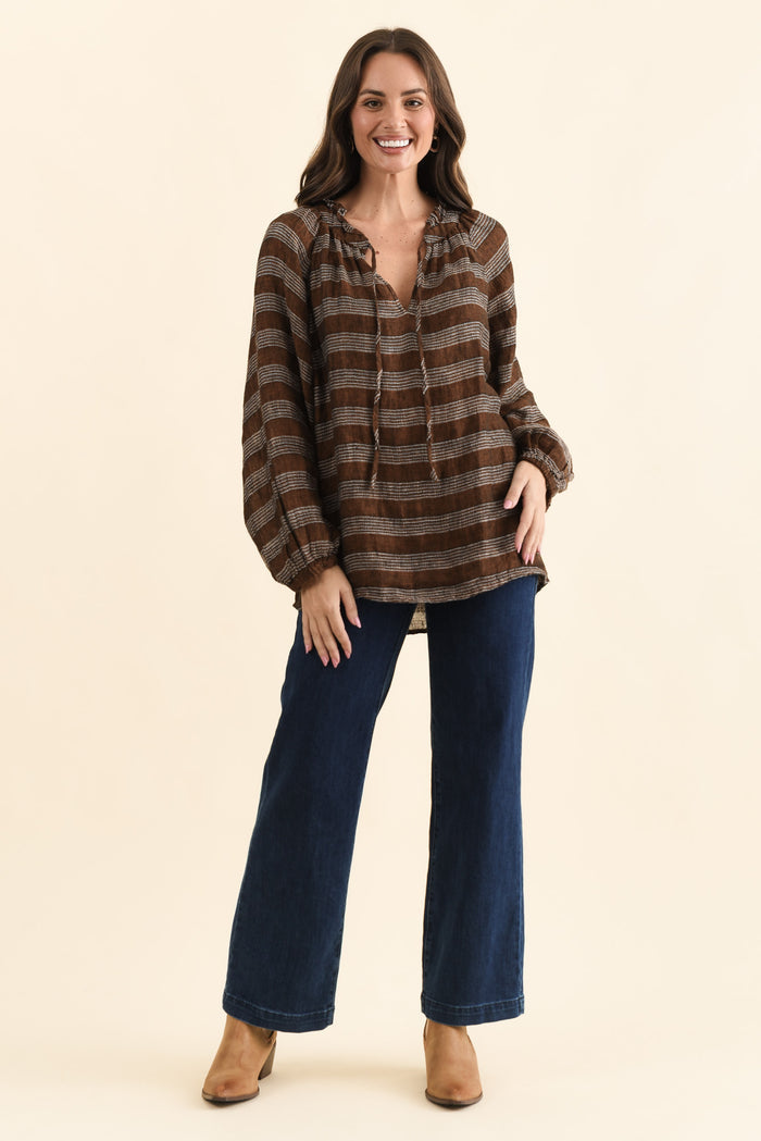Sussana Bronze Stripe Linen Tie Top,Full Body,Brunette model,alt text|model:MJ