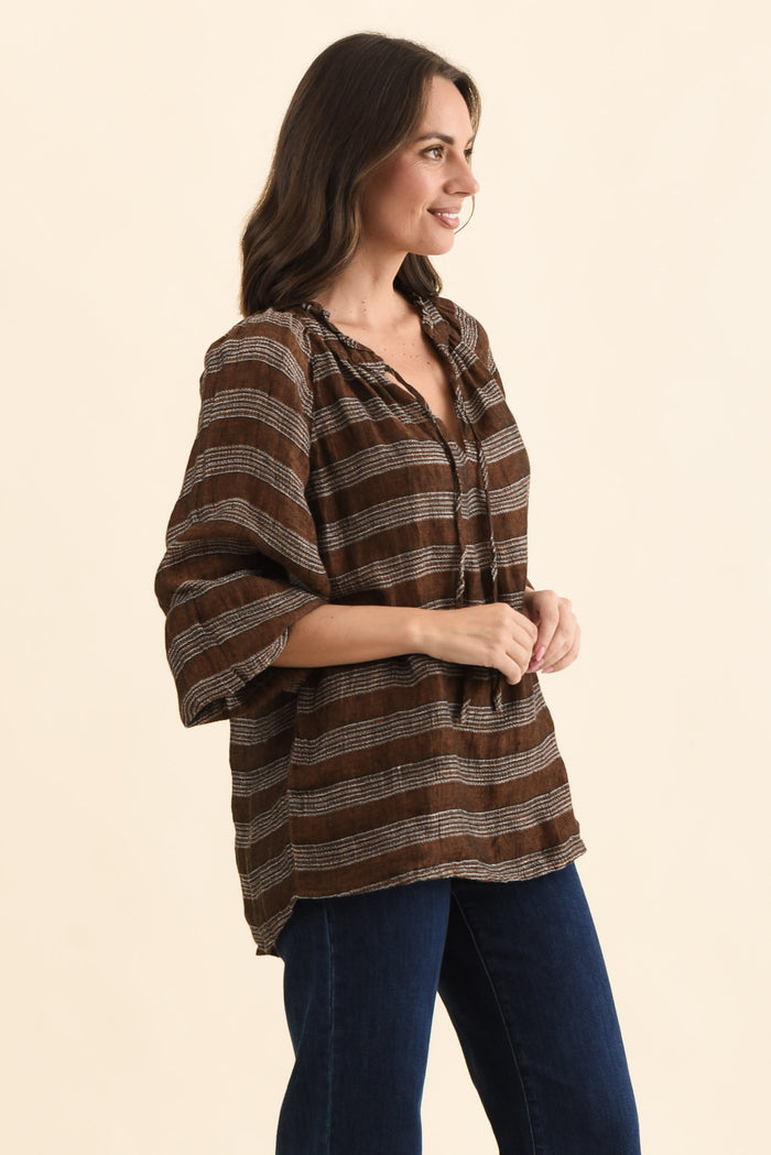 Sussana Bronze Stripe Linen Tie Top,Side,Brunette model,alt text|model:MJ