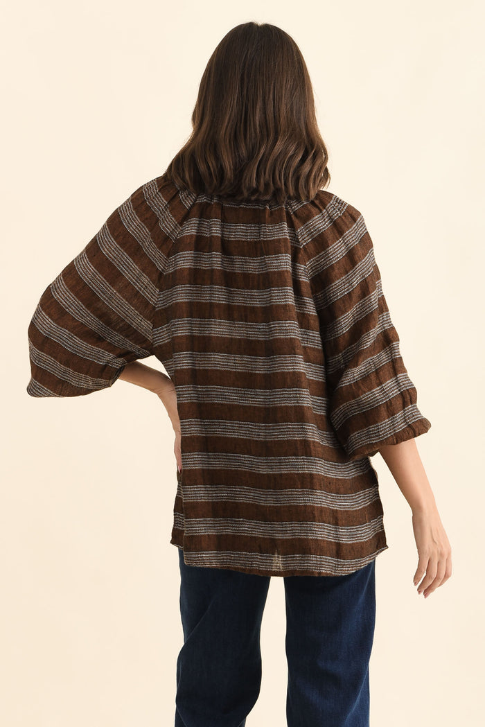 Sussana Bronze Stripe Linen Tie Top,Back,Brunette model,alt text|model:MJ