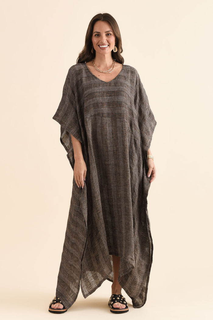 Taia Charcoal Stripe Linen Kaftan,Front,Brunette model,alt text|model:MJ