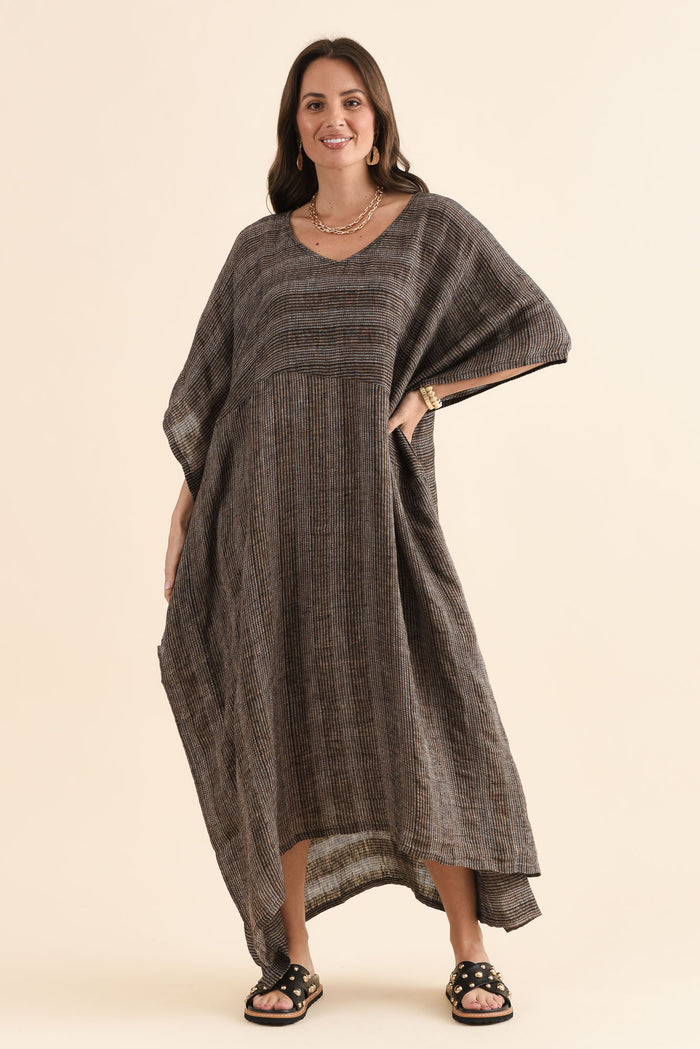 Taia Charcoal Stripe Linen Kaftan,Full Body,Brunette model,alt text|model:MJ