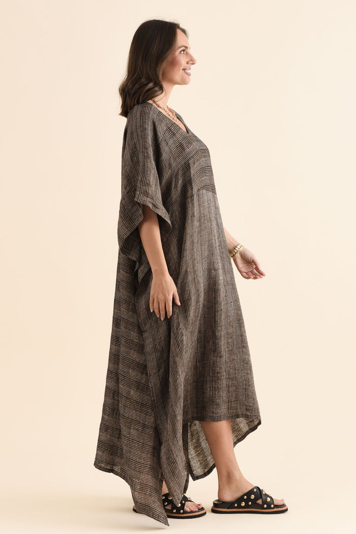 Taia Charcoal Stripe Linen Kaftan,Side,Brunette model,alt text|model:MJ