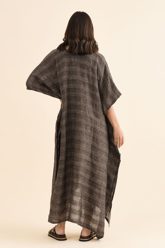 Taia Charcoal Stripe Linen Kaftan,Back,Brunette model,alt text|model:MJ