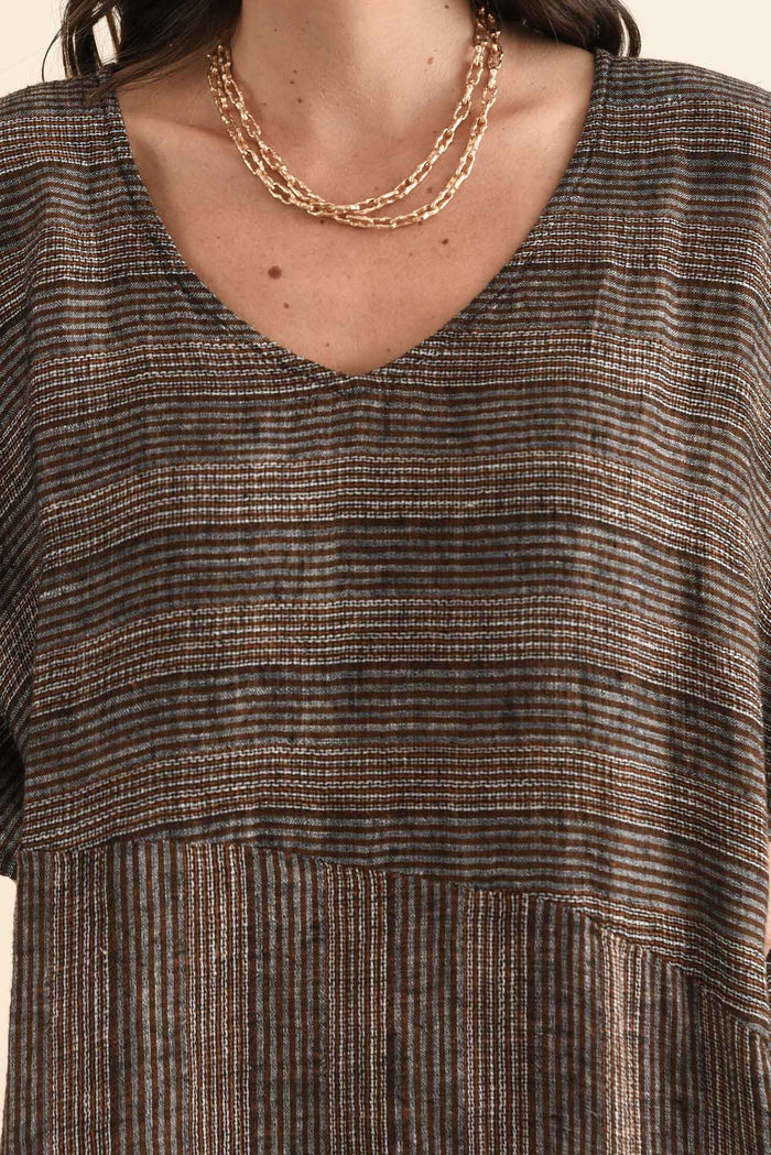 Taia Charcoal Stripe Linen Kaftan,Detail,Brunette model,alt text|model:MJ
