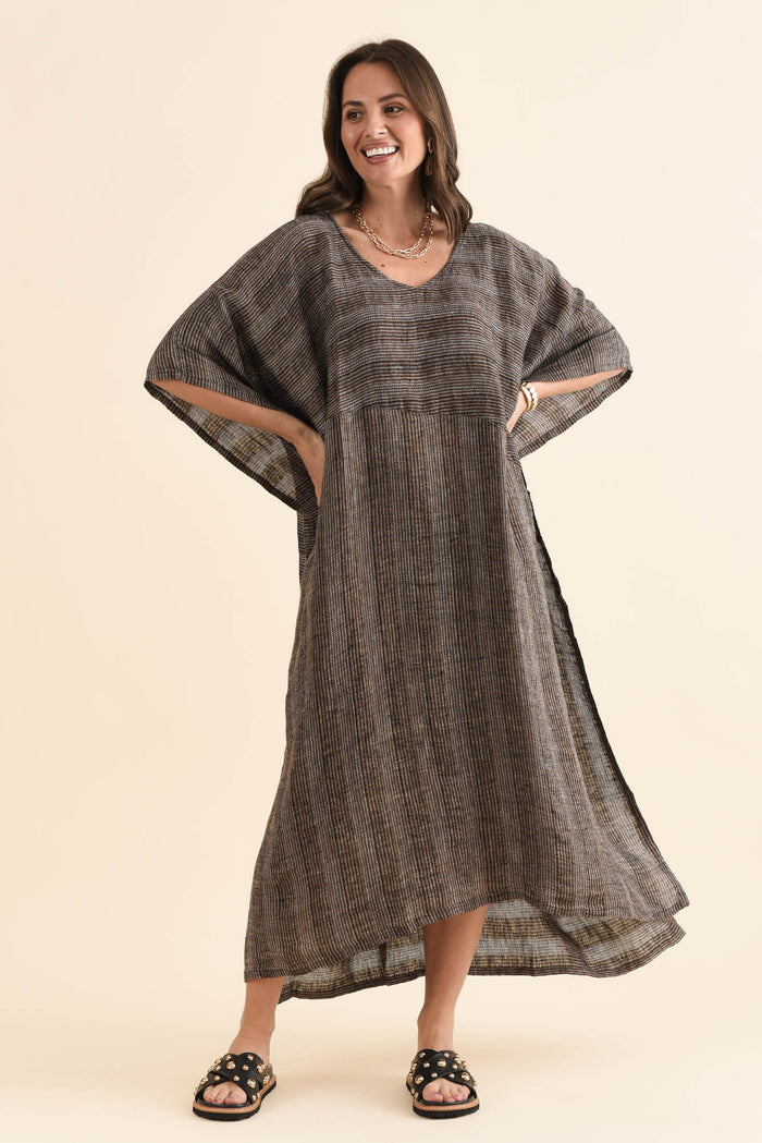 Taia Charcoal Stripe Linen Kaftan,Full Body,Brunette model,alt text|model:MJ