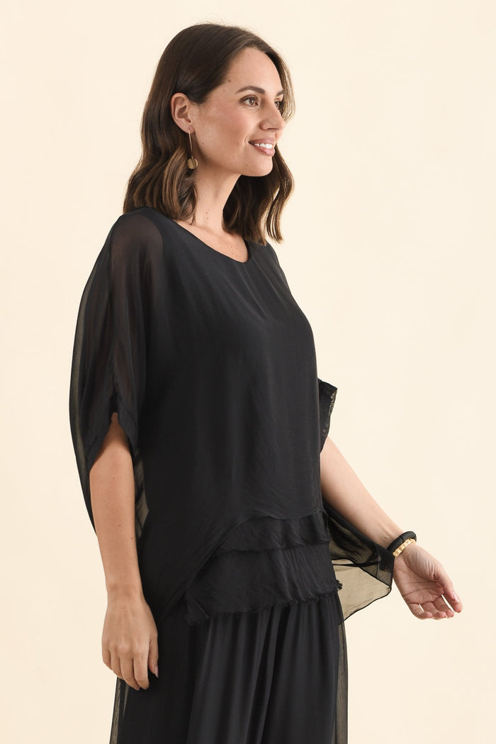 Talia Black Silk Layer Top,Brunette model,alt text|model:MJ
