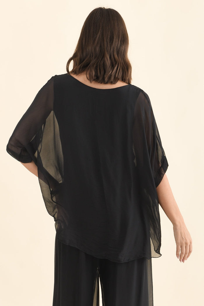Talia Black Silk Layer Top,Brunette model,alt text|model:MJ