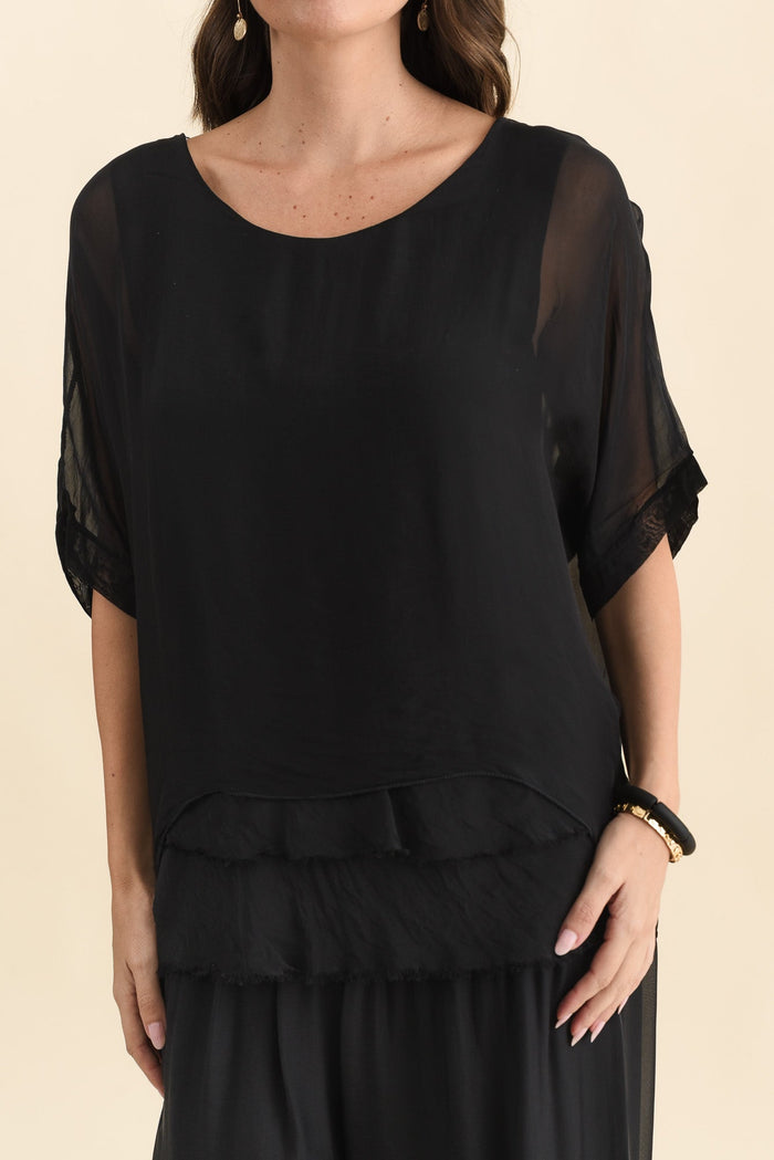 Talia Black Silk Layer Top,Brunette model,alt text|model:MJ