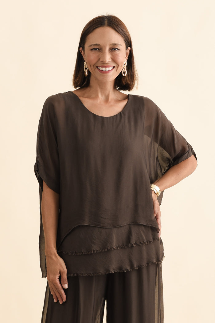 Talia Chocolate Silk Layer Top,Brunette model,alt text|model:Cara