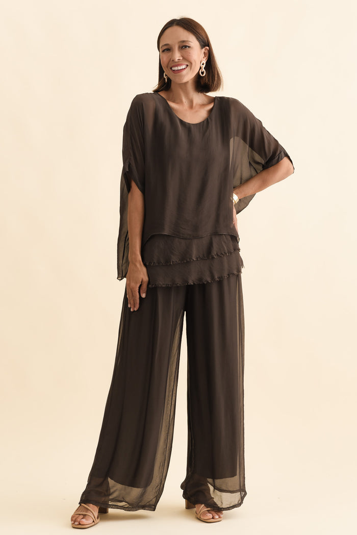 Talia Chocolate Silk Layer Top,Brunette model,alt text|model:Cara
