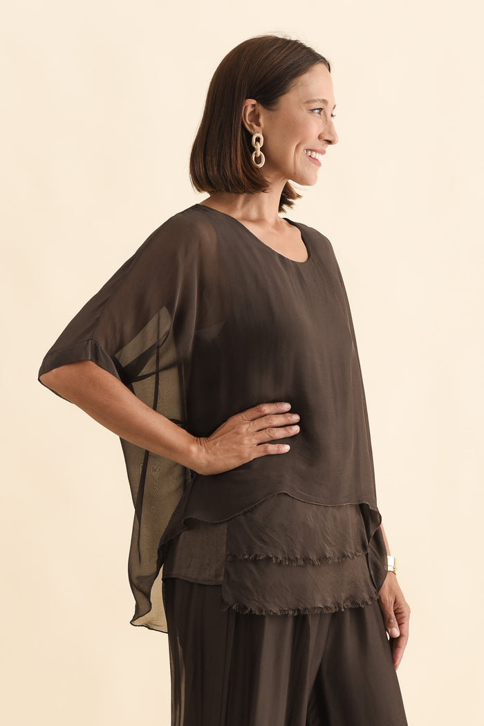 Talia Chocolate Silk Layer Top,Brunette model,alt text|model:Cara