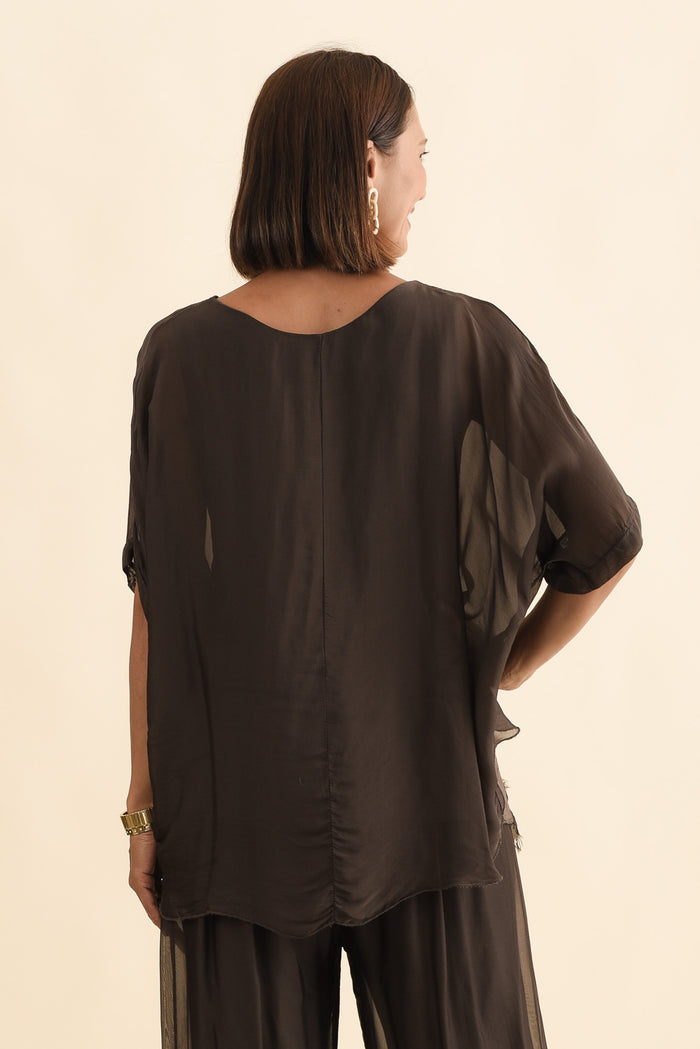 Talia Chocolate Silk Layer Top,Brunette model,alt text|model:Cara