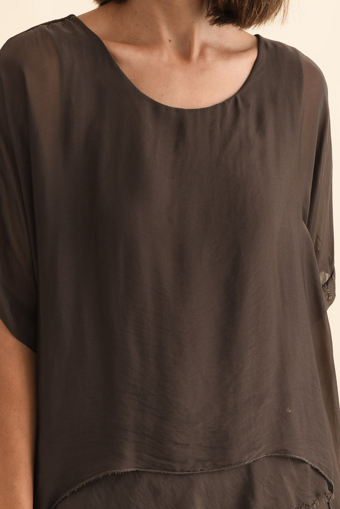 Talia Chocolate Silk Layer Top,Brunette model,alt text|model:Cara