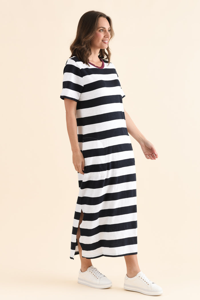 Tallow Navy Stripe Pocket Dress,Side,Brunette model,alt text|model:MJ