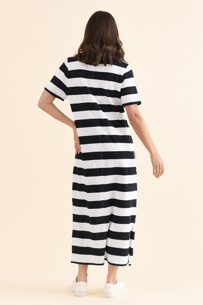 Tallow Navy Stripe Pocket Dress,Back,Brunette model,alt text|model:MJ
