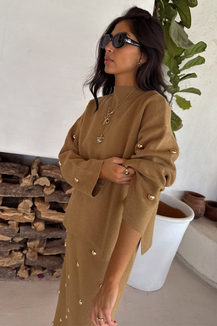 Tan Stud Evie Knit Jumper in tan brown featuring gold stud detailing and textured knit fabric.