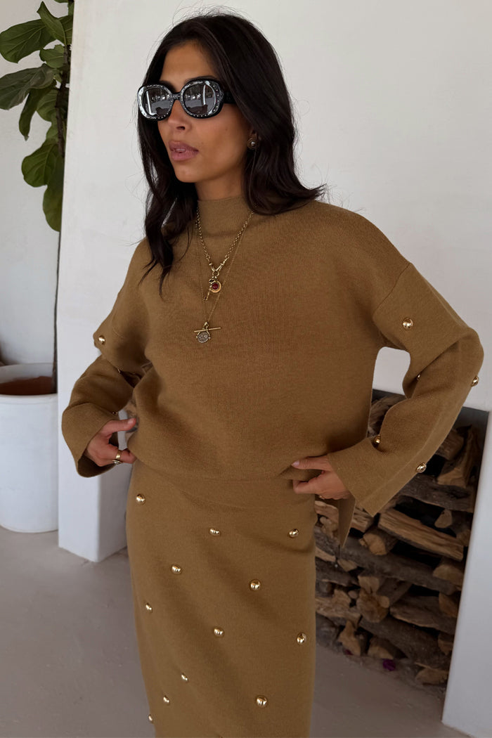 Tan Stud Evie Knit Jumper with gold stud detailing, styled as a co-ord with the matching skirt.