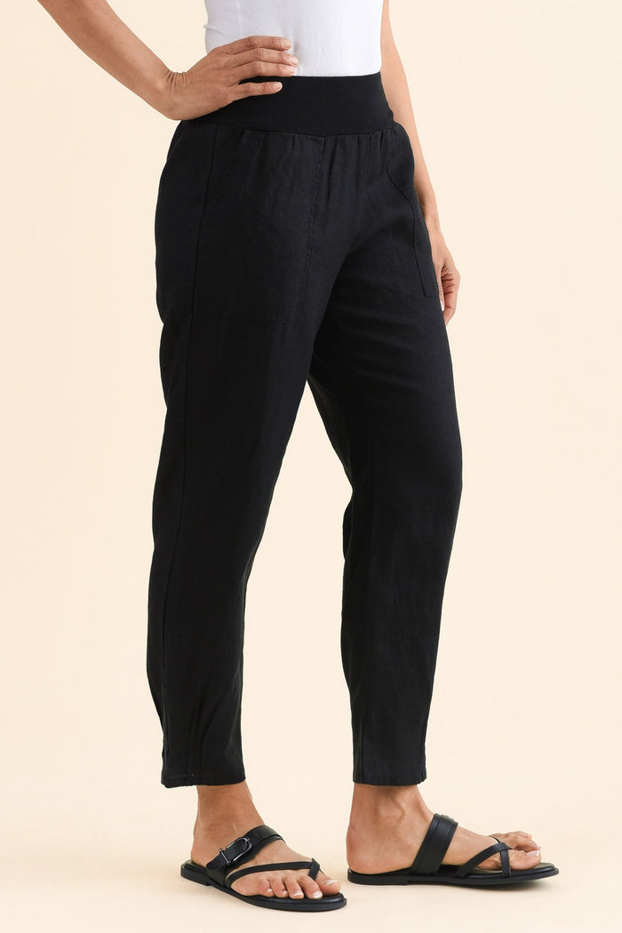 Tatum Black Linen Pants,Side,Brunette model,alt text|model:Cara