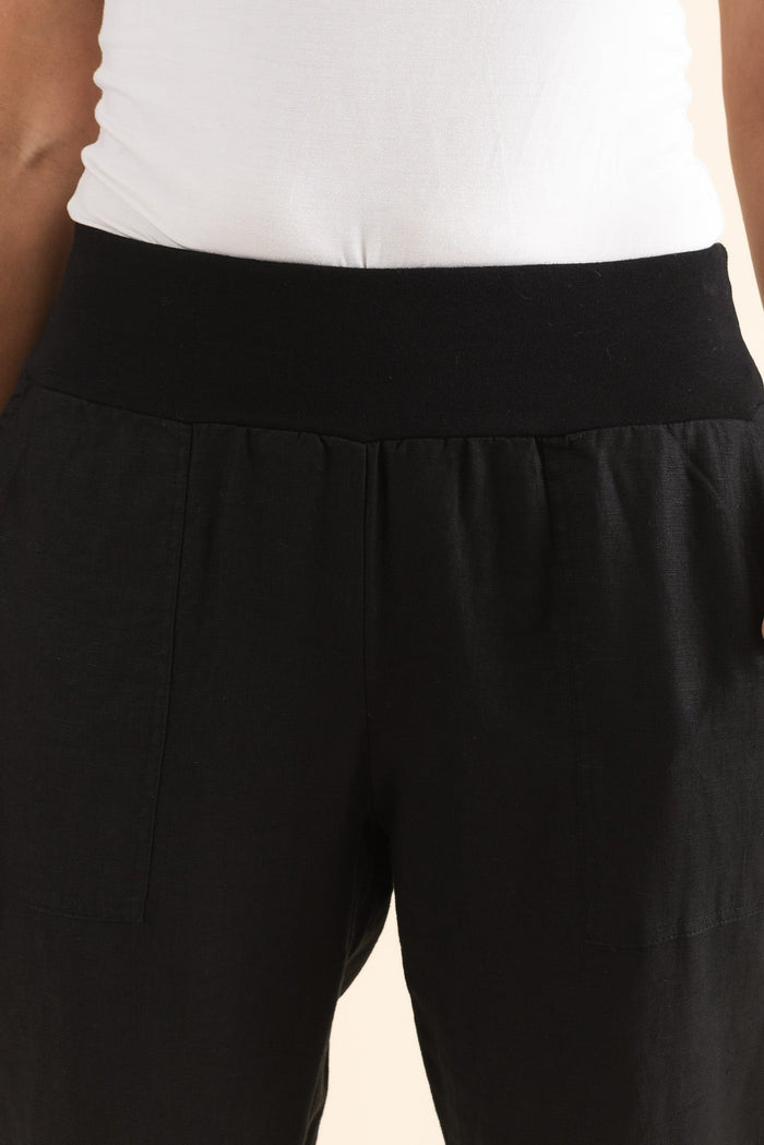 Tatum Black Linen Pants,Detail,Brunette model,alt text|model:Cara