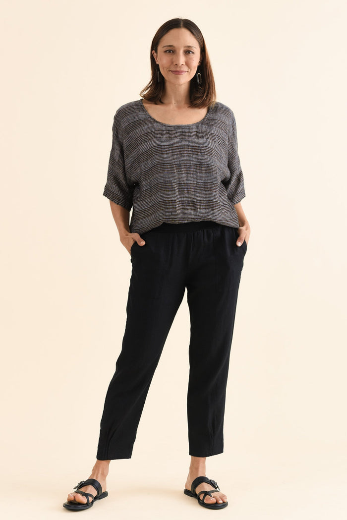 Tatum Black Linen Pants,Full Body,Brunette model,alt text|model:Cara