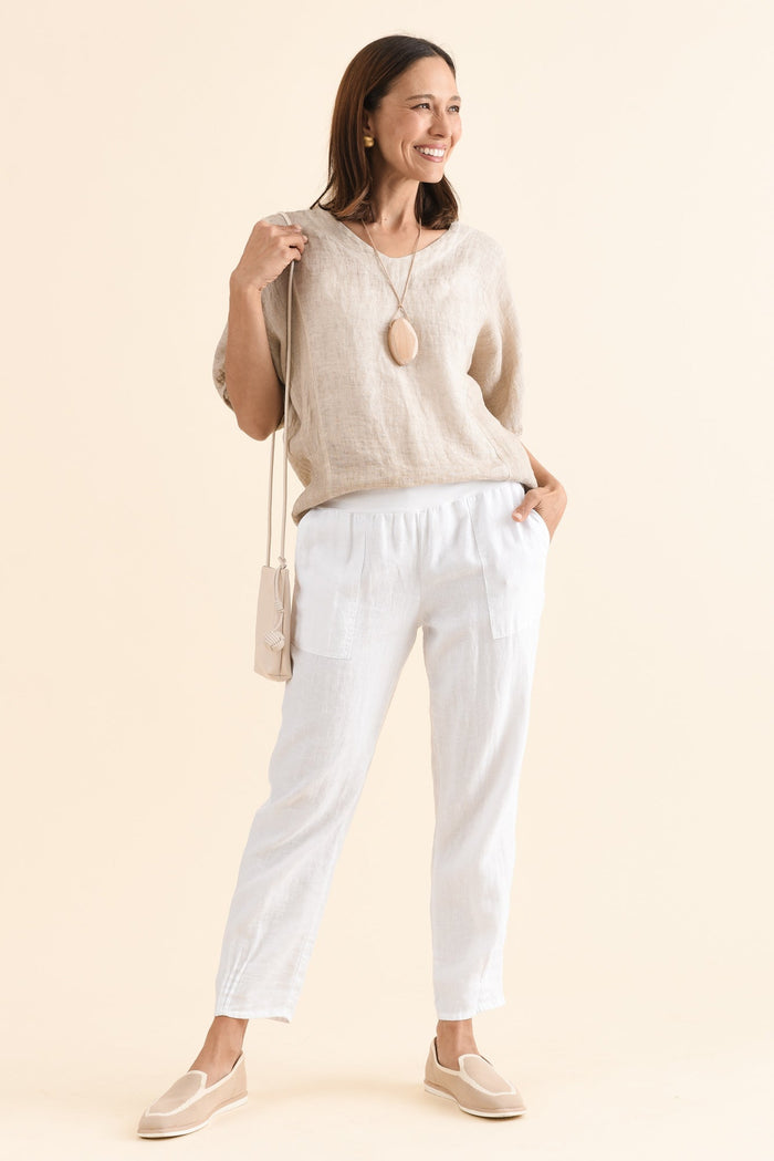 Tatum White Linen Pants,Full Body,Brunette model,alt text|model:Cara