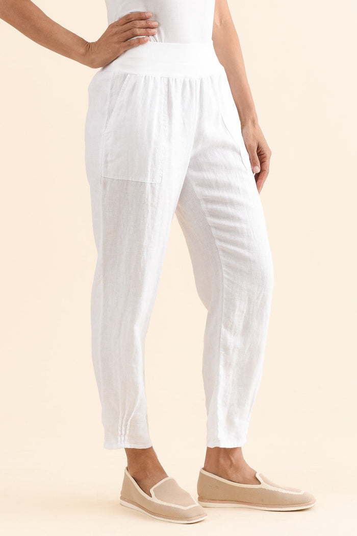 Tatum White Linen Pants,Side,Brunette model,alt text|model:Cara