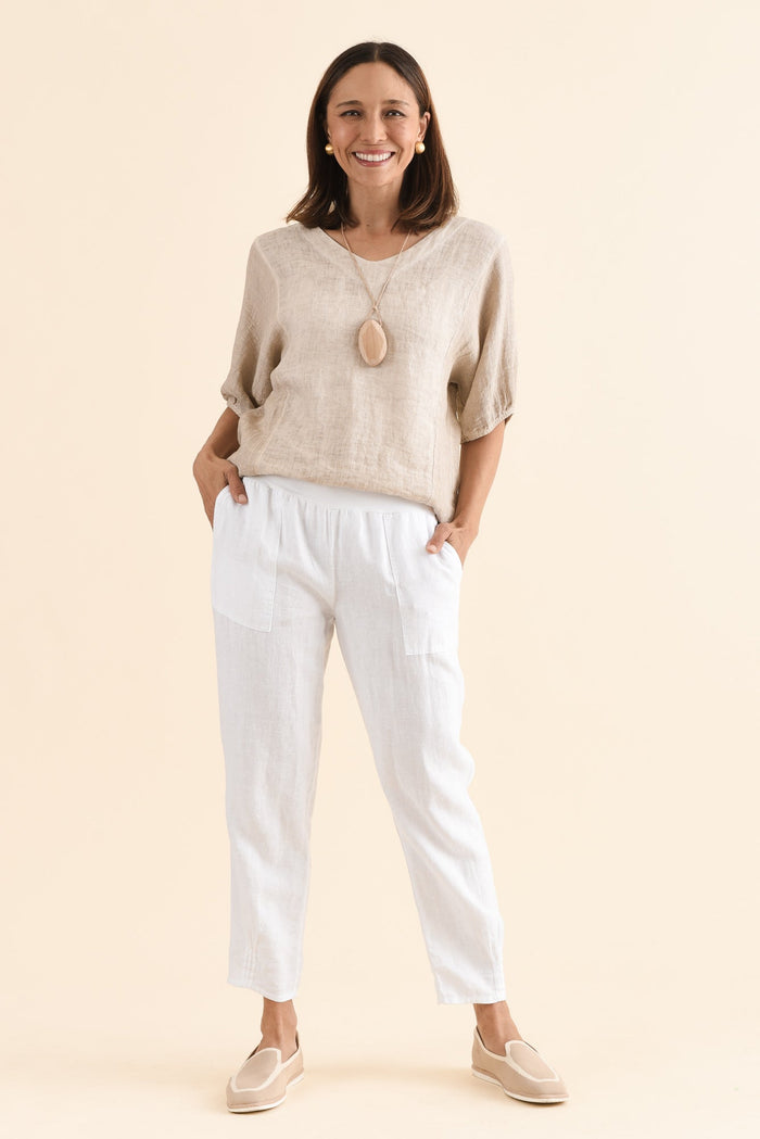 Tatum White Linen Pants,Detail,Brunette model,alt text|model:Cara