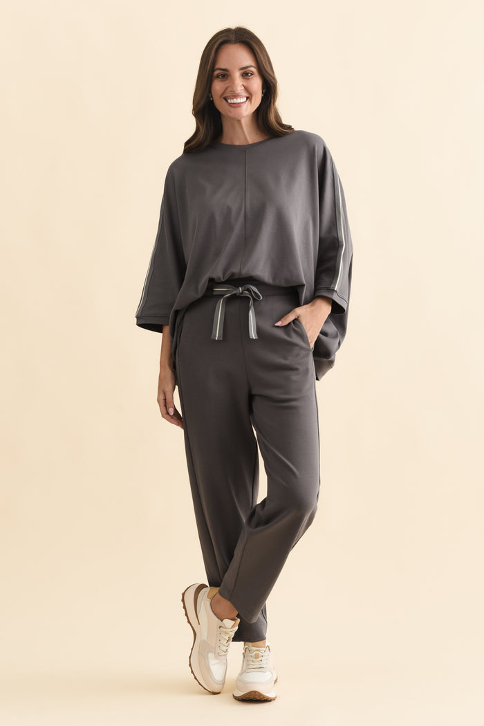 Tenille Grey Cotton Barrel Pants,Brunette model,alt text|model:MJ