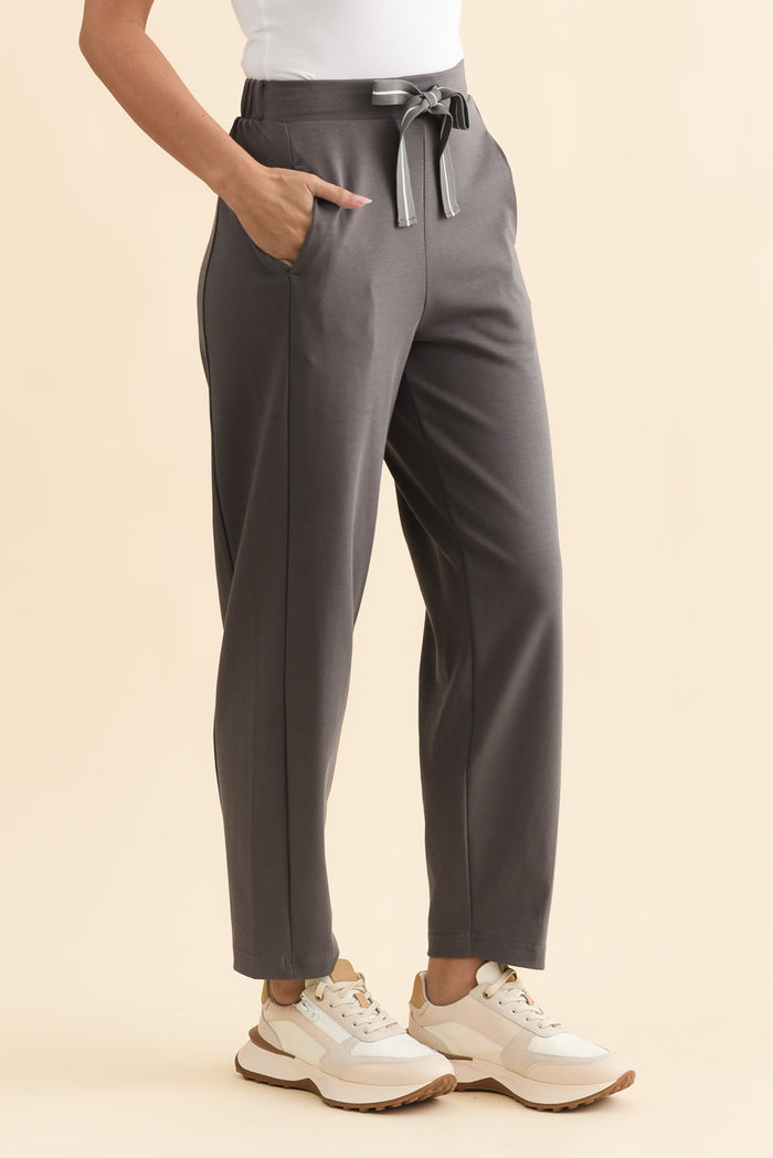 Tenille Grey Cotton Barrel Pants,Brunette model,alt text|model:MJ