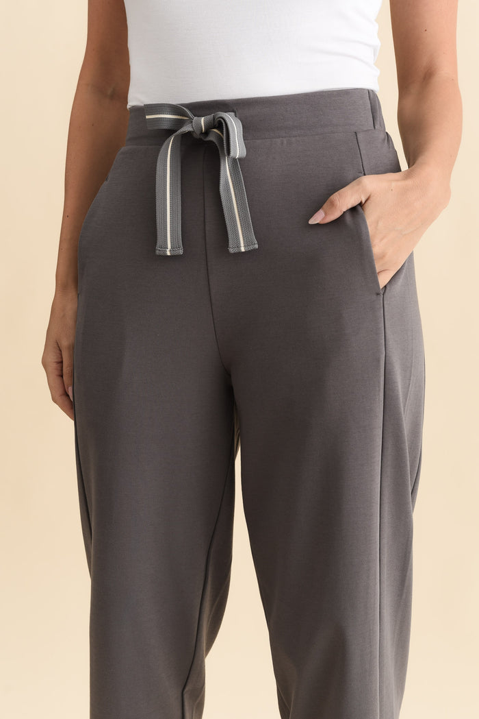 Tenille Grey Cotton Barrel Pants,Brunette model,alt text|model:MJ