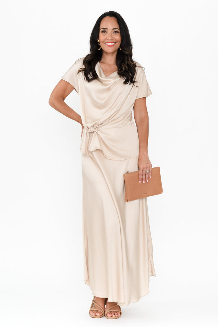 Tilba Champagne Maxi Skirt,Brunette model,alt text|model:Nicole