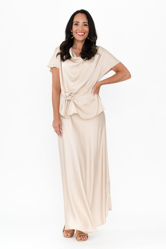 Tilba Champagne Maxi Skirt,Brunette model,alt text|model:Nicole