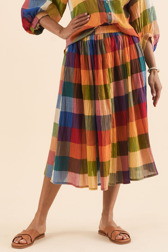 Toby Orange Check Cotton Skirt,Front,Brunette model,alt text|model:Cara