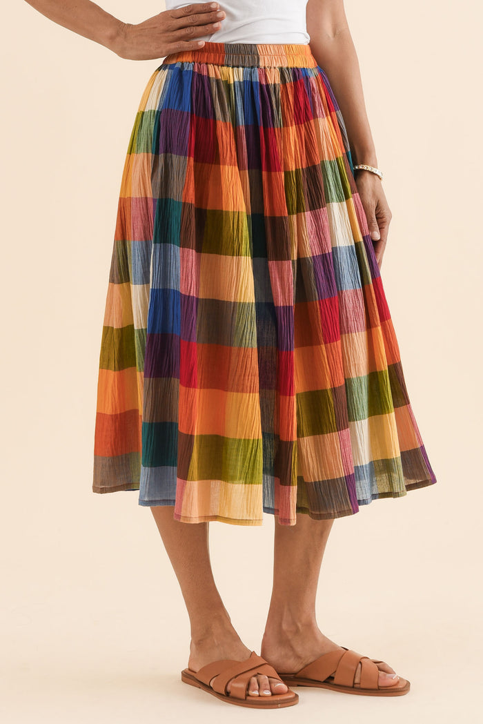 Toby Orange Check Cotton Skirt,Side,Brunette model,alt text|model:Cara
