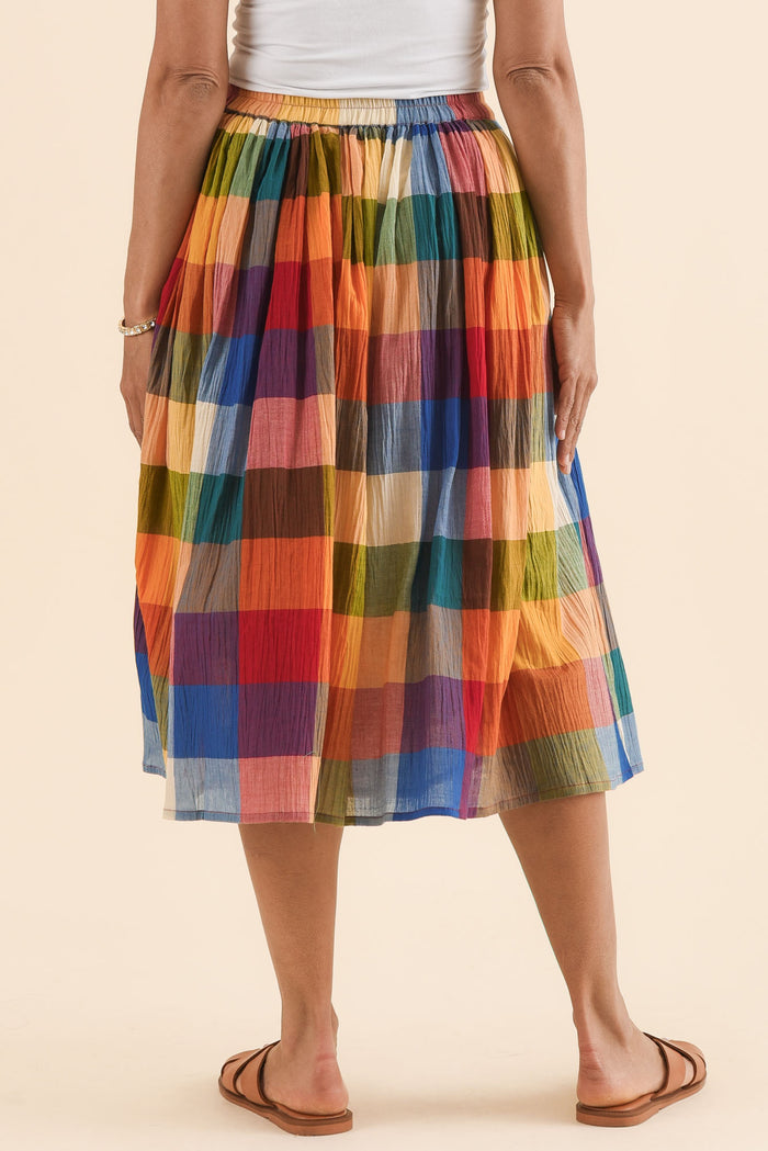 Toby Orange Check Cotton Skirt,Back,Brunette model,alt text|model:Cara
