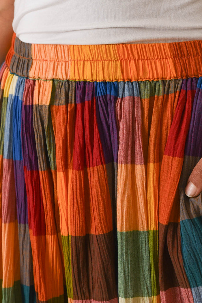Toby Orange Check Cotton Skirt,Detail,Brunette model,alt text|model:Cara