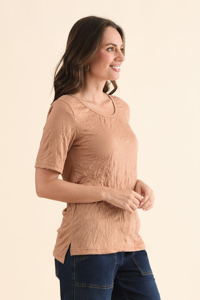 Travel No-Iron Rust Scoop Neck Top,Side,Brunette model,alt text|model:MJ