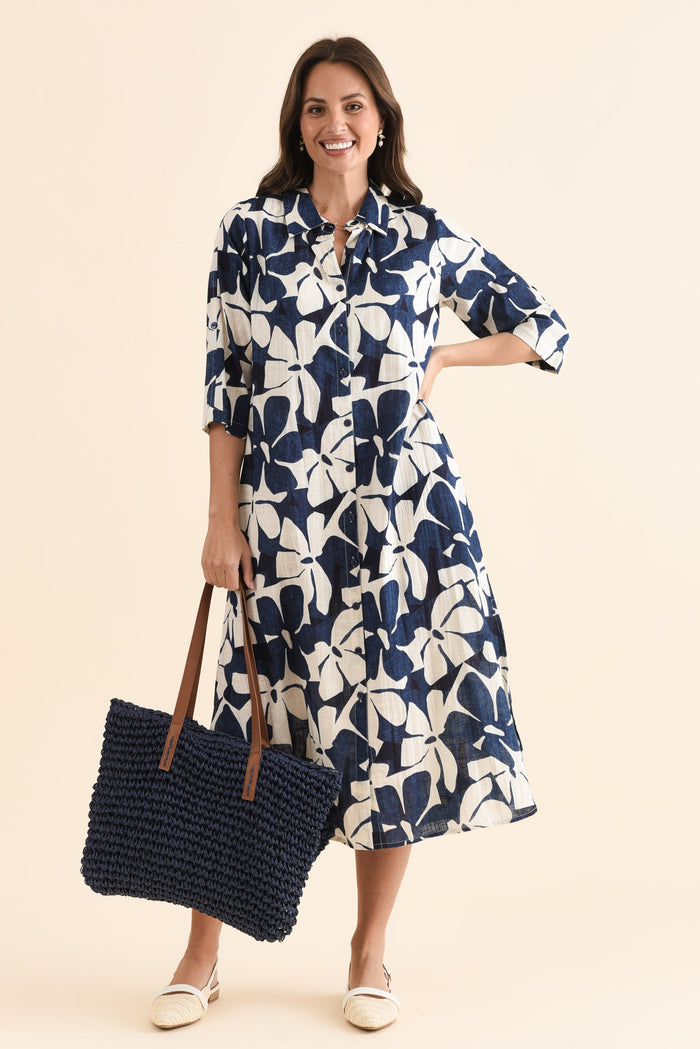 Tricia Navy Garden Cotton Shirt Dress,Front,Brunette model,alt text|model:MJ