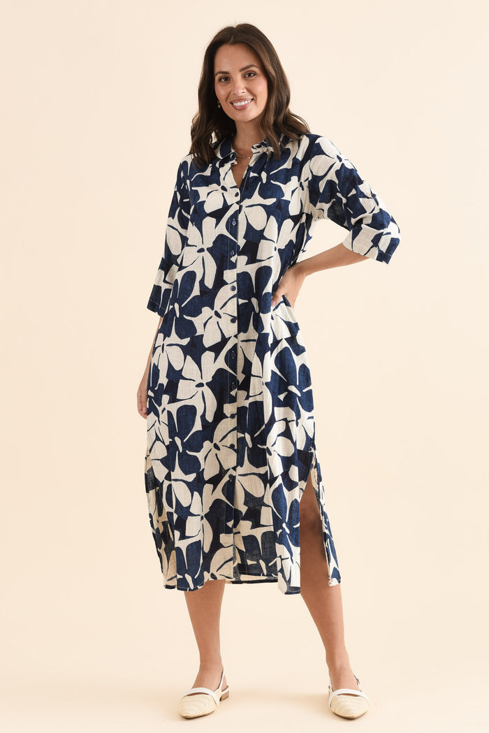 Tricia Navy Garden Cotton Shirt Dress,Full Body,Brunette model,alt text|model:MJ
