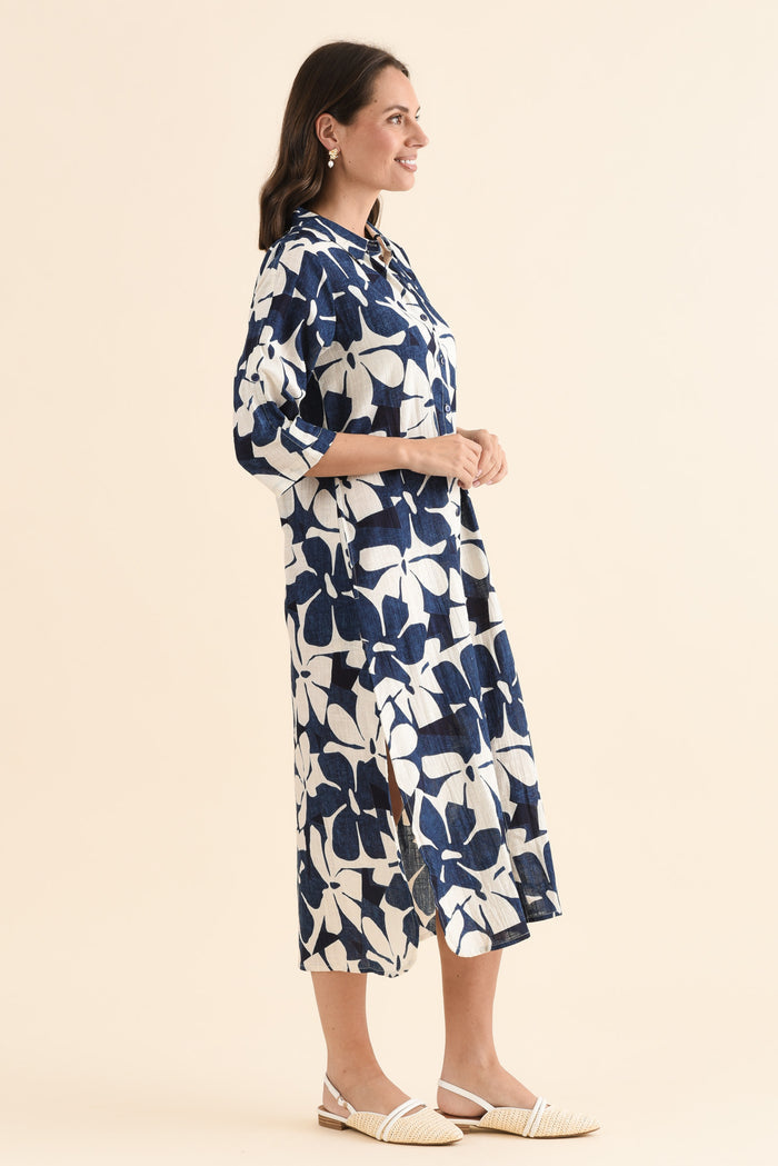 Tricia Navy Garden Cotton Shirt Dress,Side,Brunette model,alt text|model:MJ
