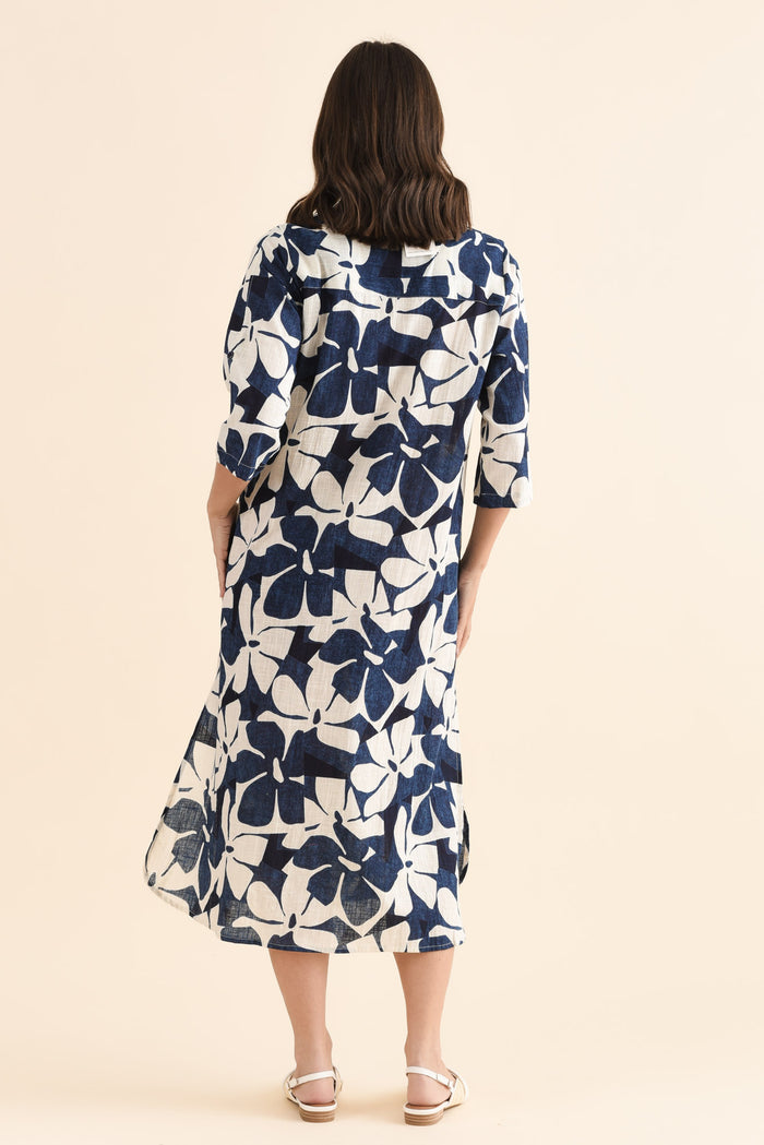 Tricia Navy Garden Cotton Shirt Dress,Back,Brunette model,alt text|model:MJ