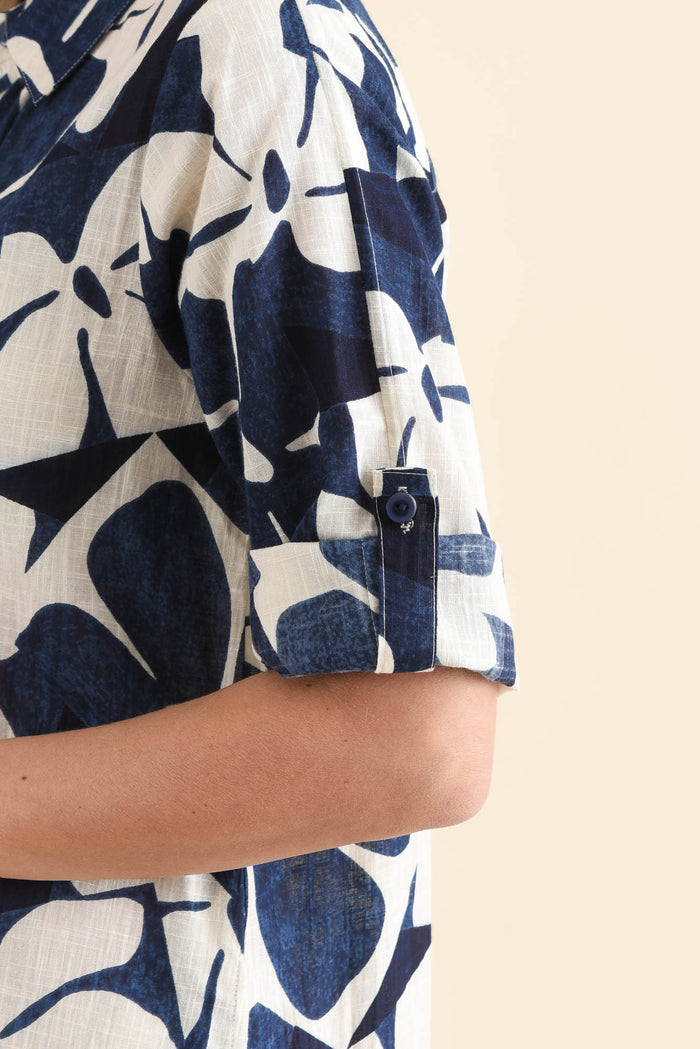Tricia Navy Garden Cotton Shirt Dress,Detail,Brunette model,alt text|model:MJ