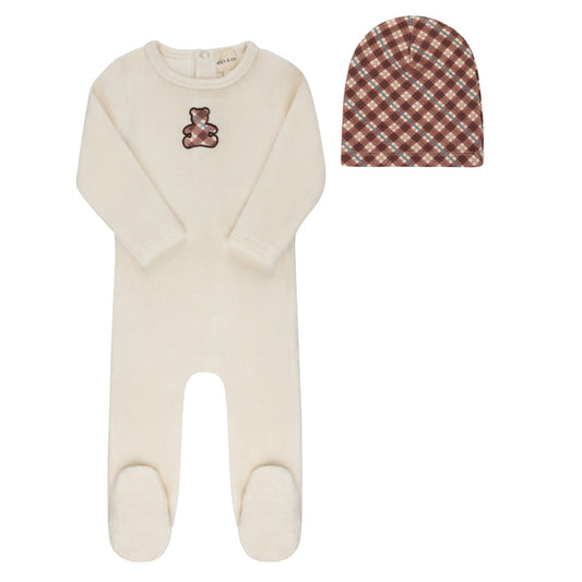 Velour Plaid Bear Collection - Footie + Beanie