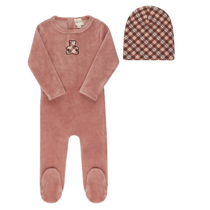 Velour Plaid Bear Collection - Footie + Beanie